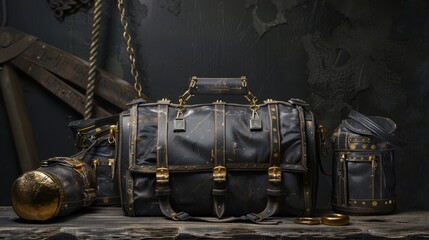 Journey-ready military bag, rugged and tough, juxtaposed with the dream of striking gold