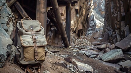 Fototapeta na wymiar Journey-ready travel backpack captured at the entrance of a historic gold mine, hinting at exploration and discovery