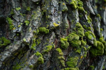 Close-up Textured Shot of Mossy Bark on an Aged Tree Trunk