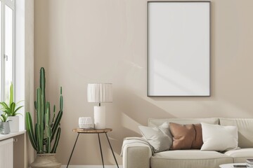 Beige Scandinavian Interior with Poster Mockup created with Generative AI