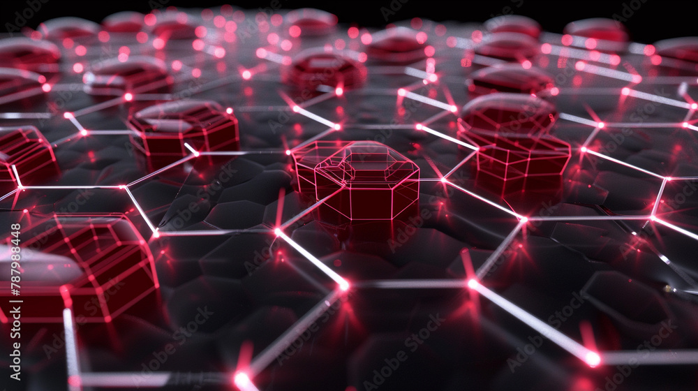 Poster ruby hexagons with silver lines on black, a futuristic tech network.