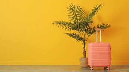 Fototapeta premium Packed large suitcase ready for adventure, featuring wheels and handle, poised in a bustling terminal