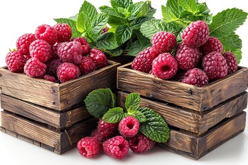 wooden box with delicious ripe raspberries collected in the garden