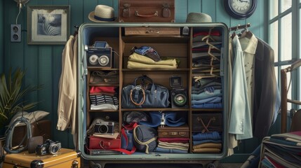 Perfectly packed large suitcase, open to show neat layers of clothing and gadgets, in a stylish room