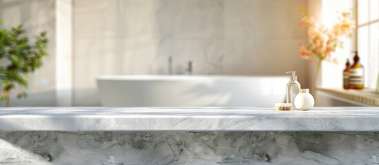 A marble top table is empty, set against a blurred bathroom interior for showcasing products.