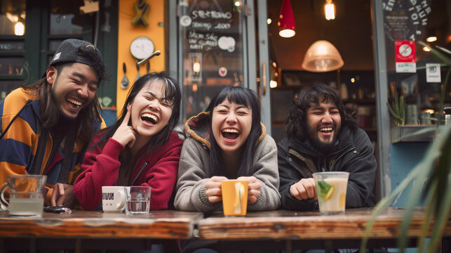 Cuatro amigos asi&aacute;ticos sentados en mesa de una terraza de bar al aire libre sonriendo y bebiendo. Grupo de amigos felices disfrutando.
