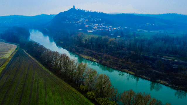 Aerial view of Tanaro river, Montecastello, Alessandria, Piedmont, Italy