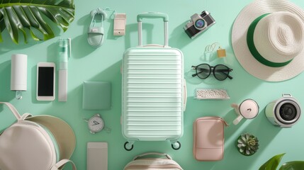 Small, compact suitcase surrounded by essential travel accessories, showcasing efficient packing