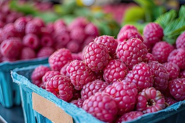 wooden box with delicious ripe raspberries collected in the garden