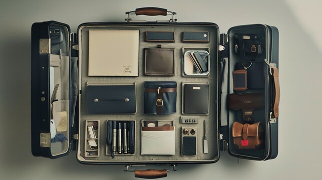 Small suitcase open with neatly arranged travel accessories, embodying the spirit of travel