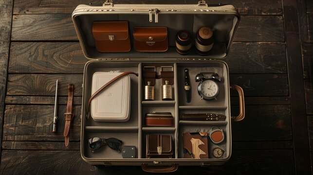 Small suitcase open with neatly arranged travel accessories, embodying the spirit of travel