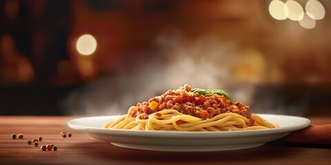 An appetizing background of a steaming hot plate of spaghetti bolognese garnished with fresh herbs, presented on a rustic table setting - obrazy, fototapety, plakaty