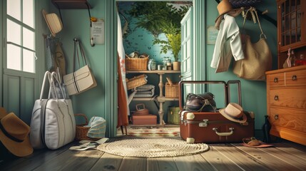 The essence of travel captured in a room with a packed suitcase open, accessories ready for the journey - obrazy, fototapety, plakaty
