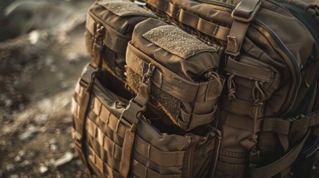 Tactical hunting bag, close-up on its heavy-duty fabric and compartments, ready for any challenge