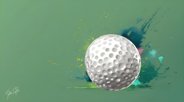 Golf ball with splashes of watercolor paint on a green background. generative.ai
