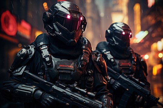 Futuristic Soldiers with Advanced Armor and Weapons in Urban Environment