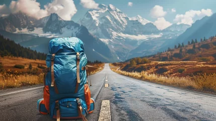 Deurstickers Traveler's backpack at the forefront with a road stretching into mountainous horizons, embodying adventure © Alpha
