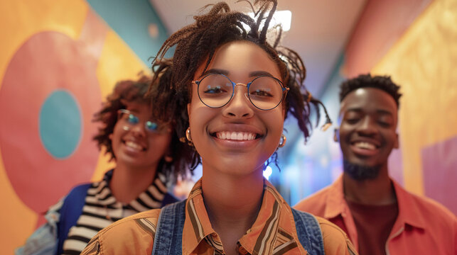 Three black friends front, greeting, smiling face, corridor blurred background, real,super wide angle,full body,first-person view --ar 16:9 Job ID: ab4349fc-5db5-4118-987c-d1c2b73547bd