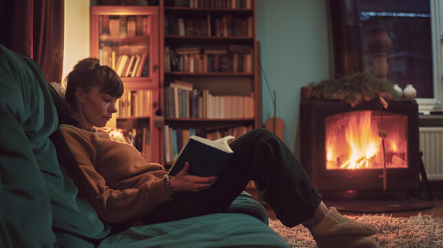 Mujer joven sentada en sofa leyendo un libro en un ambiente c&aacute;lido con una chimenea en el salon de su hogar.