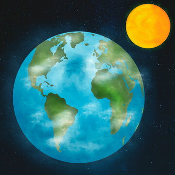 Digitally generated composite of planet earth and the sun in space