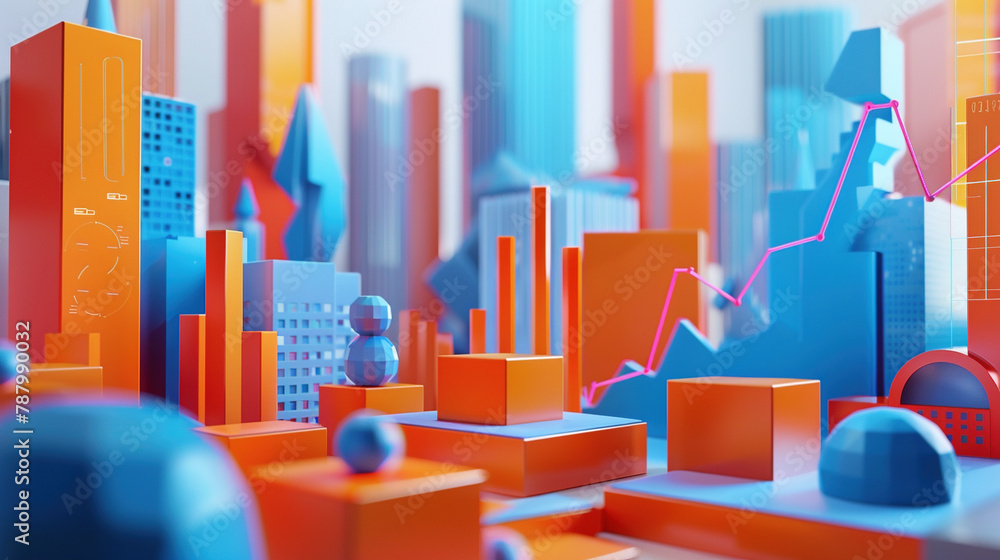 Poster simplified background with charts and graphs showing busine : a 3d illustration featuring a skyline 