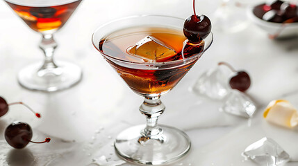 A delicious bourbon cocktail with a cherry on top. It is served in a coupe glass and is garnished with a single cherry. - obrazy, fototapety, plakaty