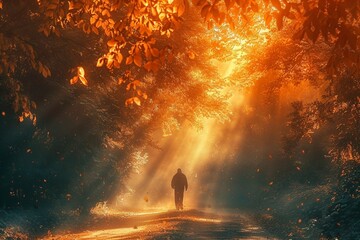 Man walking in a lane with the sunlight breaking through the trees