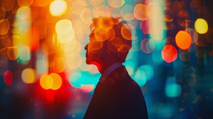 A man in a suit standing next to colorful lights, AI - obrazy, fototapety, plakaty