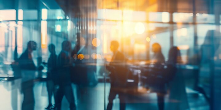 Blurry silhouettes of business people networking in a modern office space with a gleaming background