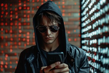 Man with sunglasses using the smartphone with pin code dialog ne