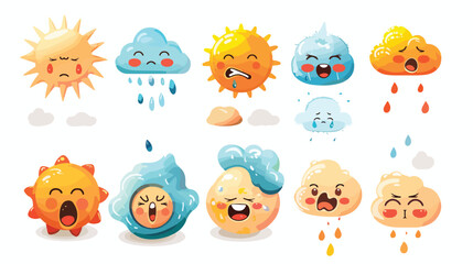 Set of cute weather icons with different emotions expr