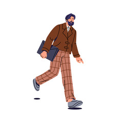 Adult bearded man hurry, goes. Oldfashioned professor of university carries documents. School teacher in checkered trousers holds folder in hand. Flat isolated vector illustration on white background