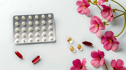 Contraceptive pills or birth control pills with pink flower on white background with copy space. Hormone for contraception. Family planning concept. White and red round hormone tablets in blister pack