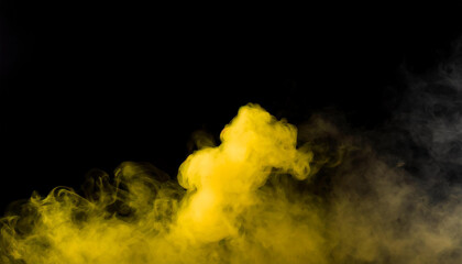 Motion yellow explosion smoke, fluid splash vapor cloud, ink in water, texture art black background