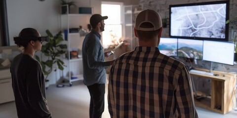 A diverse team collaborates on a high-tech project with a detailed map laid out on screens in the background of the modern office