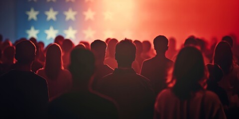 Silhouettes of a crowd with a backdrop of a flag in an atmospheric patriotic event background