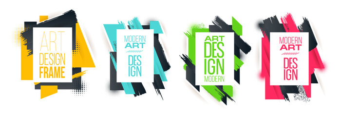Set frames modern design abstract shape banners. Flat geometric and paint brushes different colors in memphis design style, Watercolor background frame. vector illustration template web print design