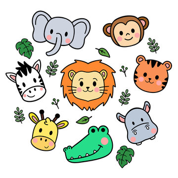 A set of cute cartoon safari animal faces.