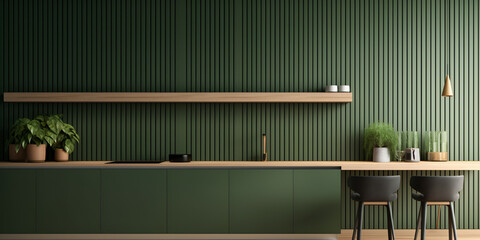 Green wall panelling with wooden shelf in kitchen room Green kitchen room and minimalist interior design on mockup wood slat wall. - obrazy, fototapety, plakaty