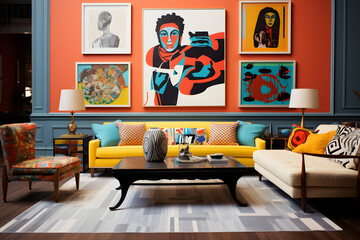 Bold Eclectic Design: Expressive, Colorful Living Room with Mixed Furniture and Art Styles