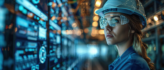 A female engineer A programmable logic controller controls a massive fully automated, technology banner - obrazy, fototapety, plakaty