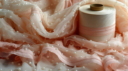 Creative Display Of A Wooden Sewing Spool On Textured Peach Lace Fabric Adorned With Shiny Beads