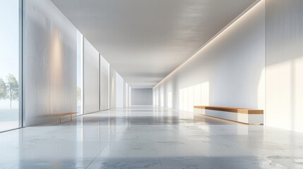 A long, empty hallway with a bench in the middle. The hallway is very clean and has a modern look to it