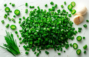 Green Chives, cut into thin strips, scattered on a white background, with high resolution and no blur effect