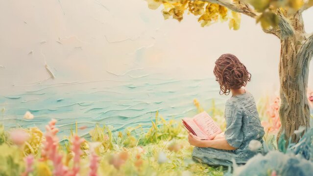Cute painting watercolor of woman reading book in nature.