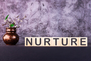 Word NURTURE made with wood building blocks on a gray background.