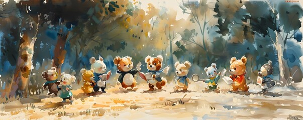 Anthropomorphic Animals in Athletic Gear Engage in Reading Circle After Tennis in Cozy Woodland Scene - obrazy, fototapety, plakaty