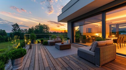 A large house with a wooden deck and a patio area. The deck has a view of the mountains and the sun is setting
