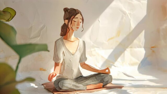 Cute watercolor art painting of woman do yoga meditation.