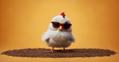 a white chicken wearing sunglasses and standing on a pile of dirt

